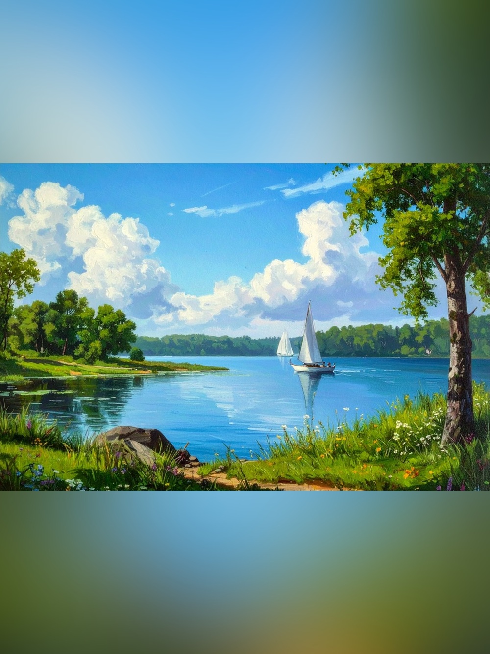 Serene Blue Lake Sailboat Print